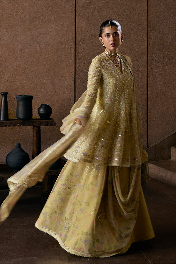Merivah Butter Yellow Organza Peplum Embroidered Sharara Suit with Chiffon Dupatta
