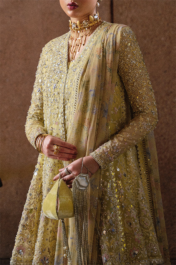 Merivah Butter Yellow Organza Peplum Embroidered Sharara Suit with Chiffon Dupatta