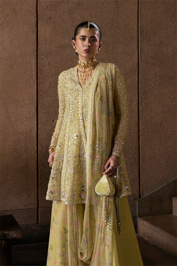 Merivah Butter Yellow Organza Peplum Embroidered Sharara Suit with Chiffon Dupatta