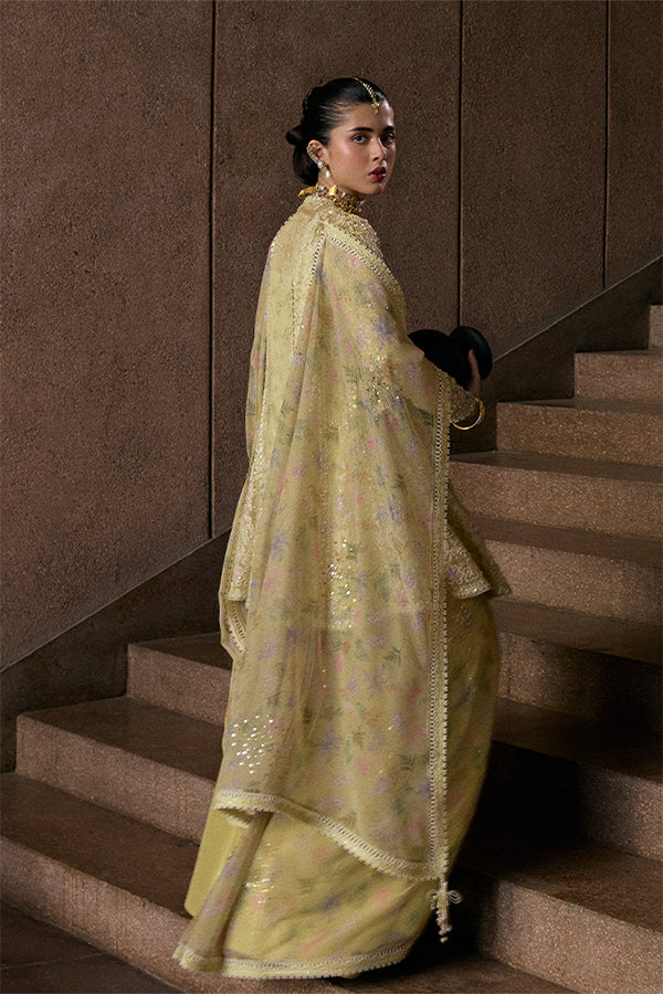 Merivah Butter Yellow Organza Peplum Embroidered Sharara Suit with Chiffon Dupatta