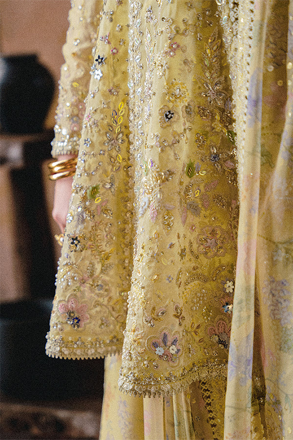 Merivah Butter Yellow Organza Peplum Embroidered Sharara Suit with Chiffon Dupatta