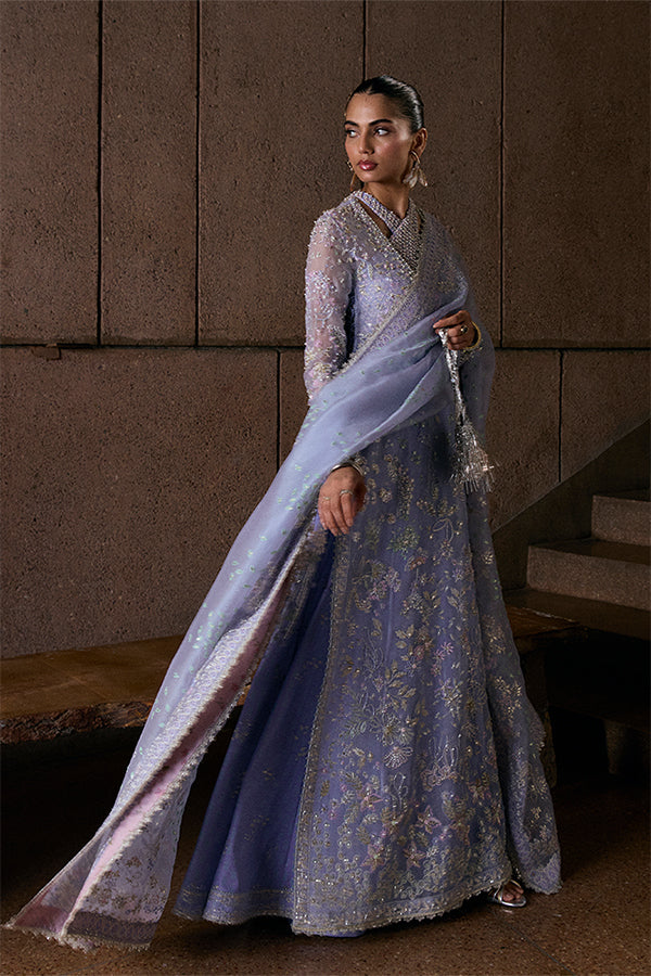 Exquisite Periwinkle Organza Embroidered Formal Long Shirt Bell-Cut Pants Dupatta Ensemble