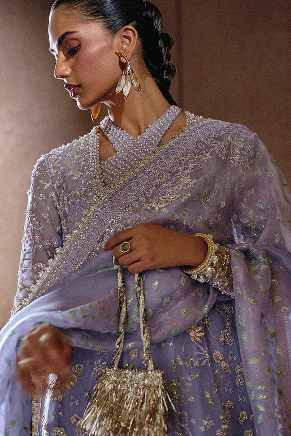Exquisite Periwinkle Organza Embroidered Formal Long Shirt Bell-Cut Pants Dupatta Ensemble