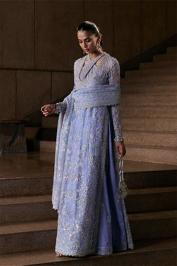 Exquisite Periwinkle Organza Embroidered Formal Long Shirt Bell-Cut Pants Dupatta Ensemble