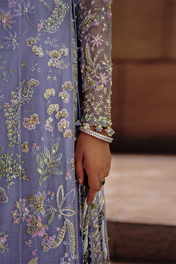 Exquisite Periwinkle Organza Embroidered Formal Long Shirt Bell-Cut Pants Dupatta Ensemble