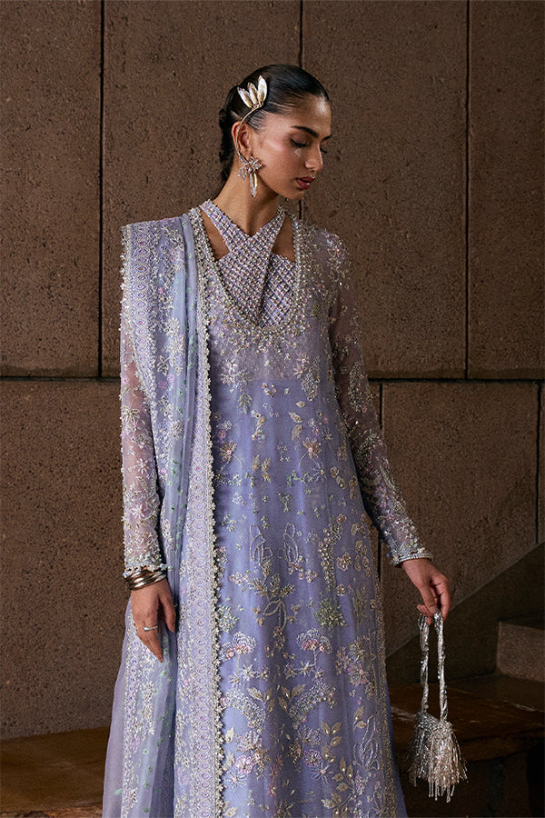 Exquisite Periwinkle Organza Embroidered Formal Long Shirt Bell-Cut Pants Dupatta Ensemble