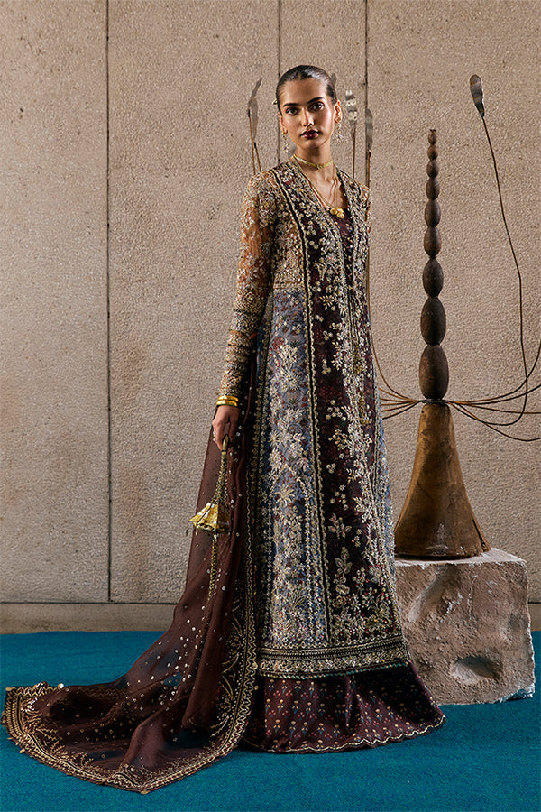 Elegant Dark Brown Vionna Printed Organza Sharara Suit with Sequin Embroidery