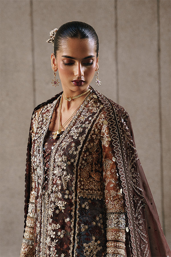 Elegant Dark Brown Vionna Printed Organza Sharara Suit with Sequin Embroidery