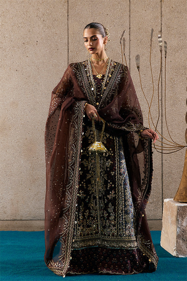 Elegant Dark Brown Vionna Printed Organza Sharara Suit with Sequin Embroidery