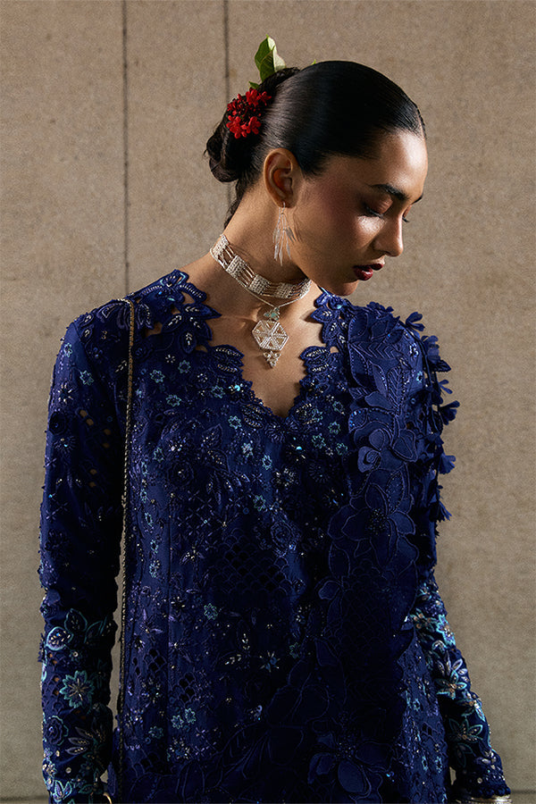 Indigo Raw Silk Angrakha Peplum Ensemble with Embroidered Sharara & Organza Dupatta