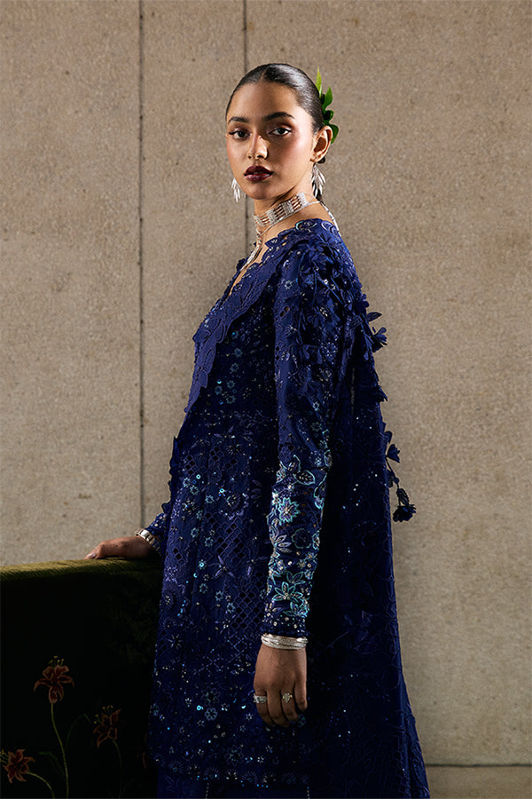 Indigo Raw Silk Angrakha Peplum Ensemble with Embroidered Sharara & Organza Dupatta