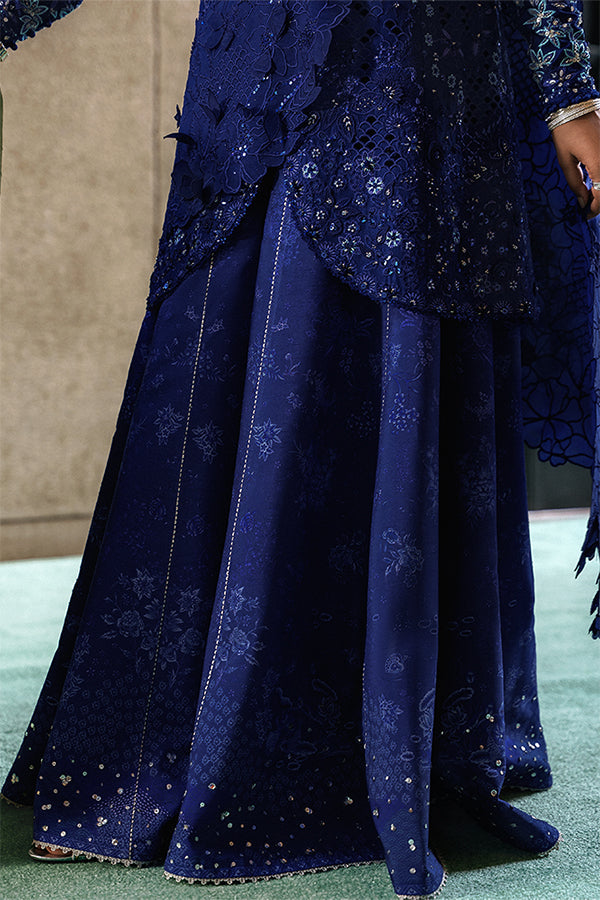 Indigo Raw Silk Angrakha Peplum Ensemble with Embroidered Sharara & Organza Dupatta