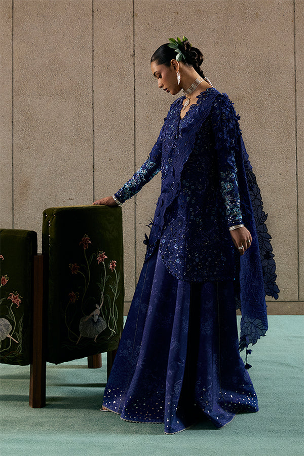 Indigo Raw Silk Angrakha Peplum Ensemble with Embroidered Sharara & Organza Dupatta