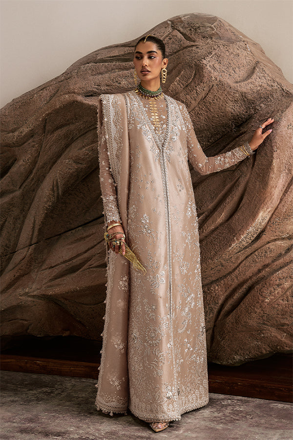 Elegant Nude Beige Raw Silk Formal Dress with Intricate Embroidery