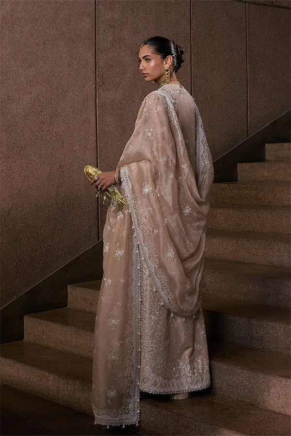 Elegant Nude Beige Raw Silk Formal Dress with Intricate Embroidery