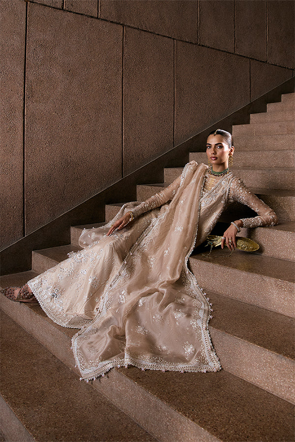 Elegant Nude Beige Raw Silk Formal Dress with Intricate Embroidery