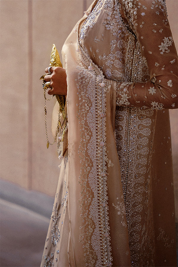 Elegant Nude Beige Raw Silk Formal Dress with Intricate Embroidery