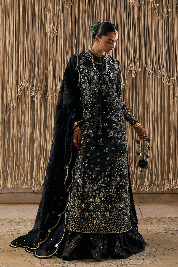 Exquisite Coal Black Raw Silk Embroidered Gharara Suit Formal Ensemble