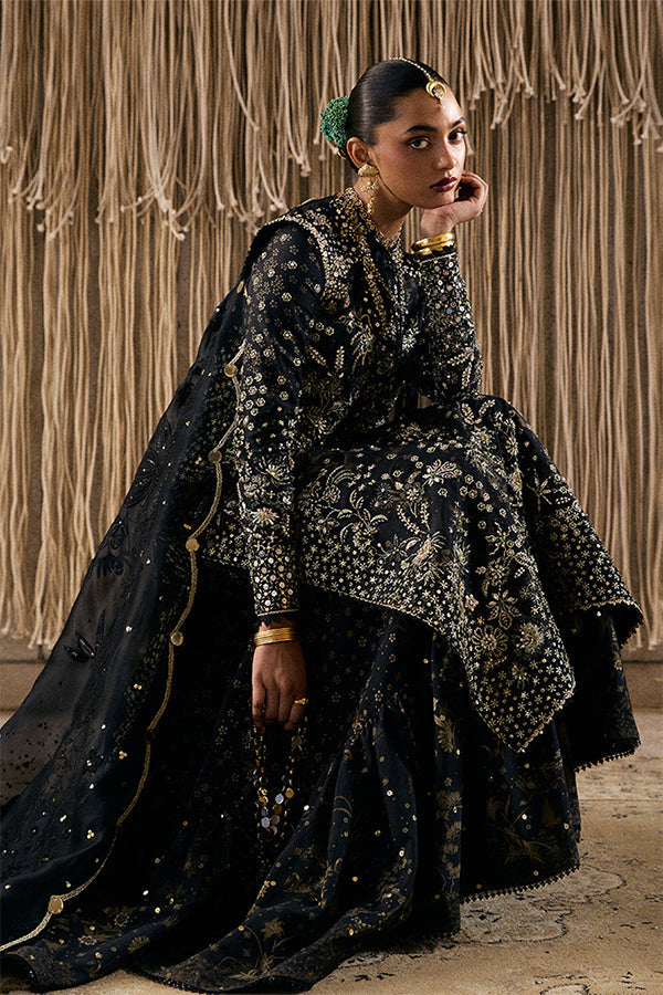 Exquisite Coal Black Raw Silk Embroidered Gharara Suit Formal Ensemble