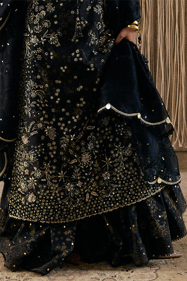 Exquisite Coal Black Raw Silk Embroidered Gharara Suit Formal Ensemble