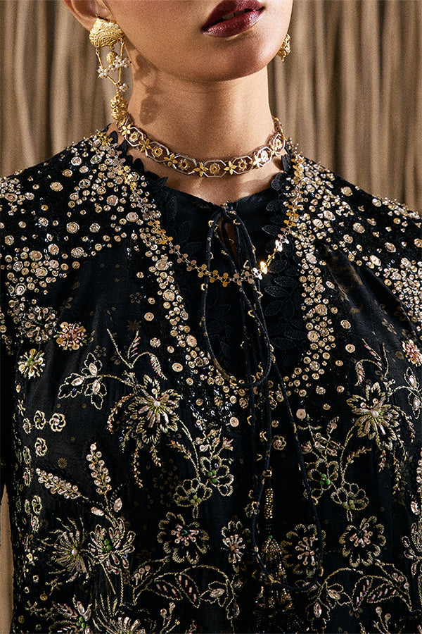 Exquisite Coal Black Raw Silk Embroidered Gharara Suit Formal Ensemble