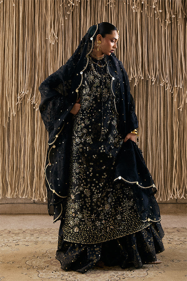 Exquisite Coal Black Raw Silk Embroidered Gharara Suit Formal Ensemble