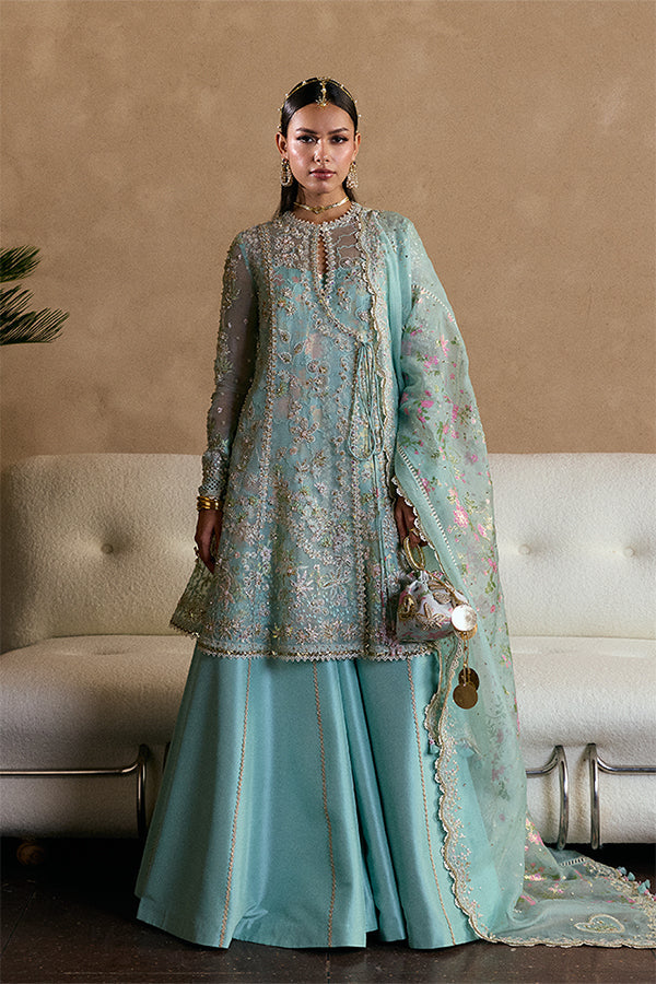 Aquamarine Organza Angharaka Peplum Suit, Raw Silk Sharara & Tasseled Dupatta