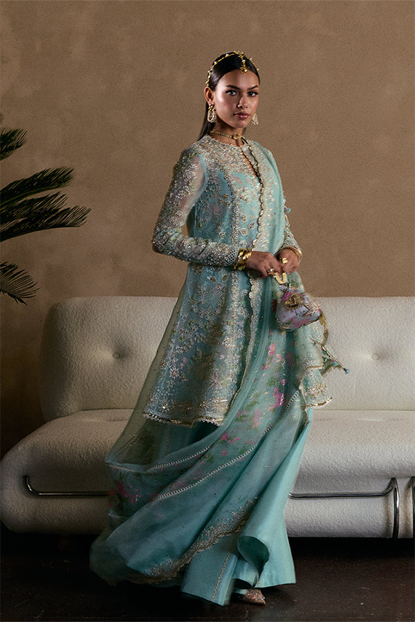 Aquamarine Organza Angharaka Peplum Suit, Raw Silk Sharara & Tasseled Dupatta