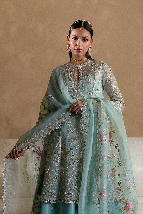 Aquamarine Organza Angharaka Peplum Suit, Raw Silk Sharara & Tasseled Dupatta