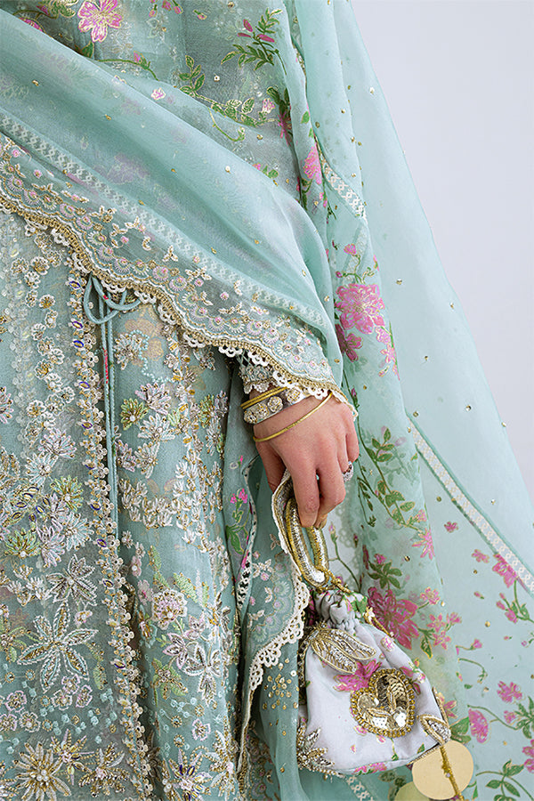 Aquamarine Organza Angharaka Peplum Suit, Raw Silk Sharara & Tasseled Dupatta
