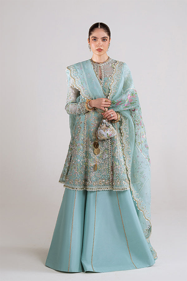 Aquamarine Organza Angharaka Peplum Suit, Raw Silk Sharara & Tasseled Dupatta