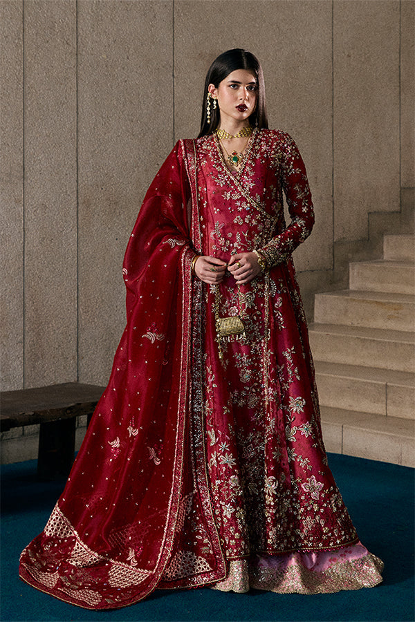 Jaseria Wine Red Organza Embroidered Angrakha Formal Dress Sharara Set