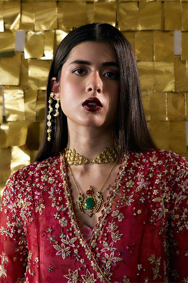 Jaseria Wine Red Organza Embroidered Angrakha Formal Dress Sharara Set