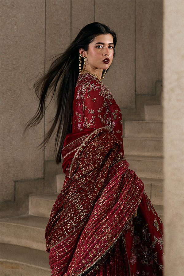 Jaseria Wine Red Organza Embroidered Angrakha Formal Dress Sharara Set