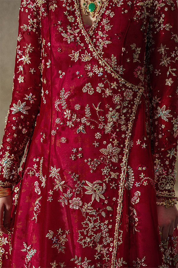 Jaseria Wine Red Organza Embroidered Angrakha Formal Dress Sharara Set