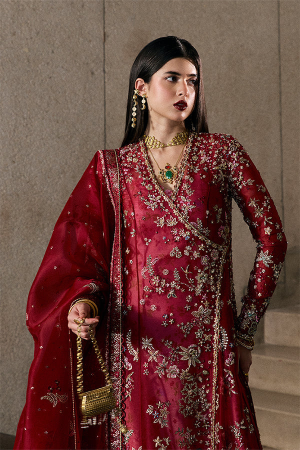 Jaseria Wine Red Organza Embroidered Angrakha Formal Dress Sharara Set