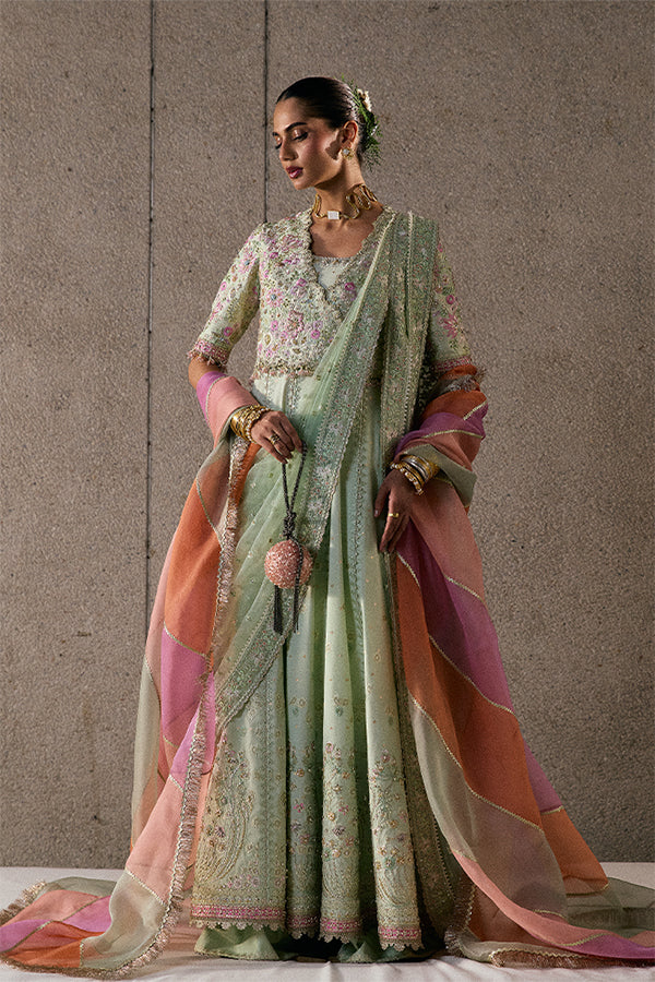Elegant Icy Mint Jacquard Silk Pishwas Coatee Ensemble, Embroidered Formal Wear