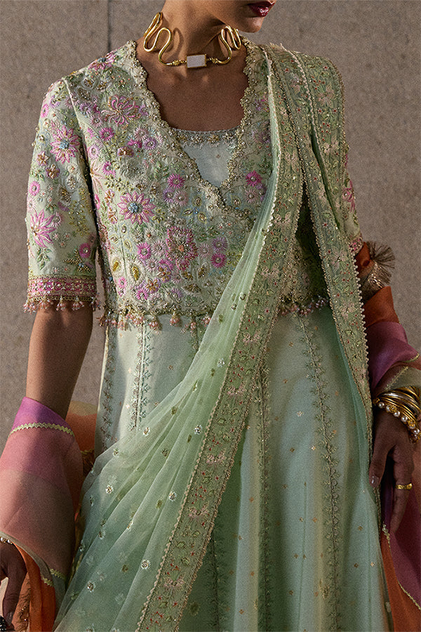 Elegant Icy Mint Jacquard Silk Pishwas Coatee Ensemble, Embroidered Formal Wear