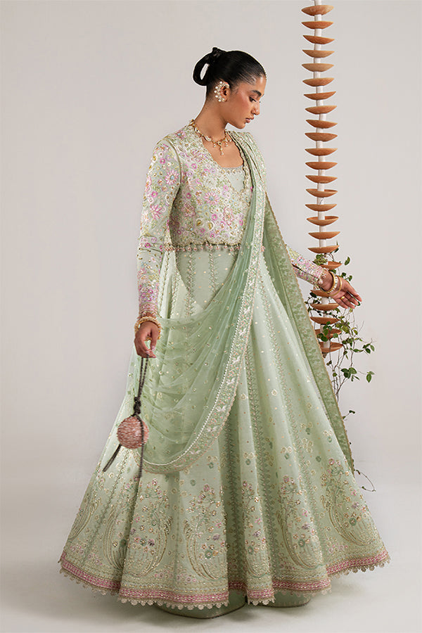 Elegant Icy Mint Jacquard Silk Pishwas Coatee Ensemble, Embroidered Formal Wear