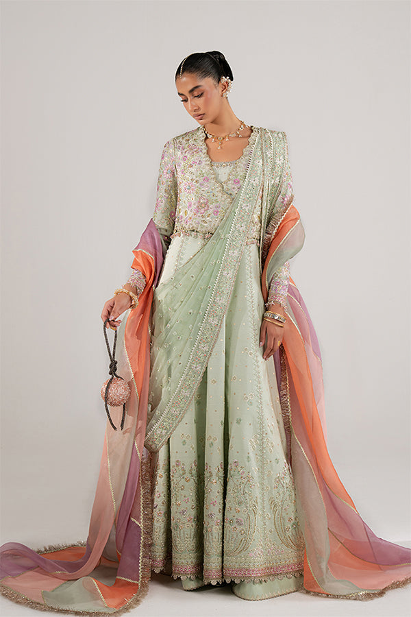 Elegant Icy Mint Jacquard Silk Pishwas Coatee Ensemble, Embroidered Formal Wear