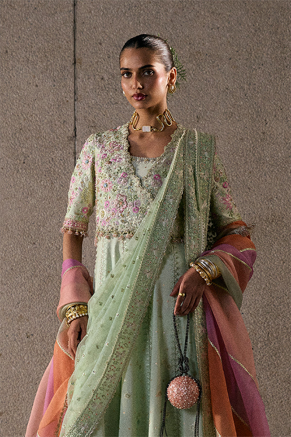 Elegant Icy Mint Jacquard Silk Pishwas Coatee Ensemble, Embroidered Formal Wear