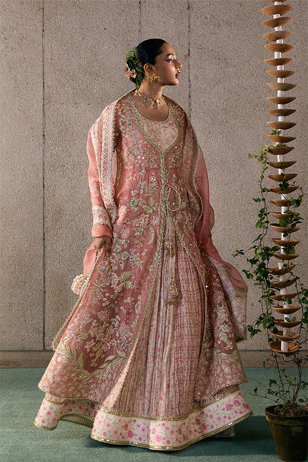 Novara Rose Coral Embroidered Organza Jacket Pishwas with Sharara & Dupatta
