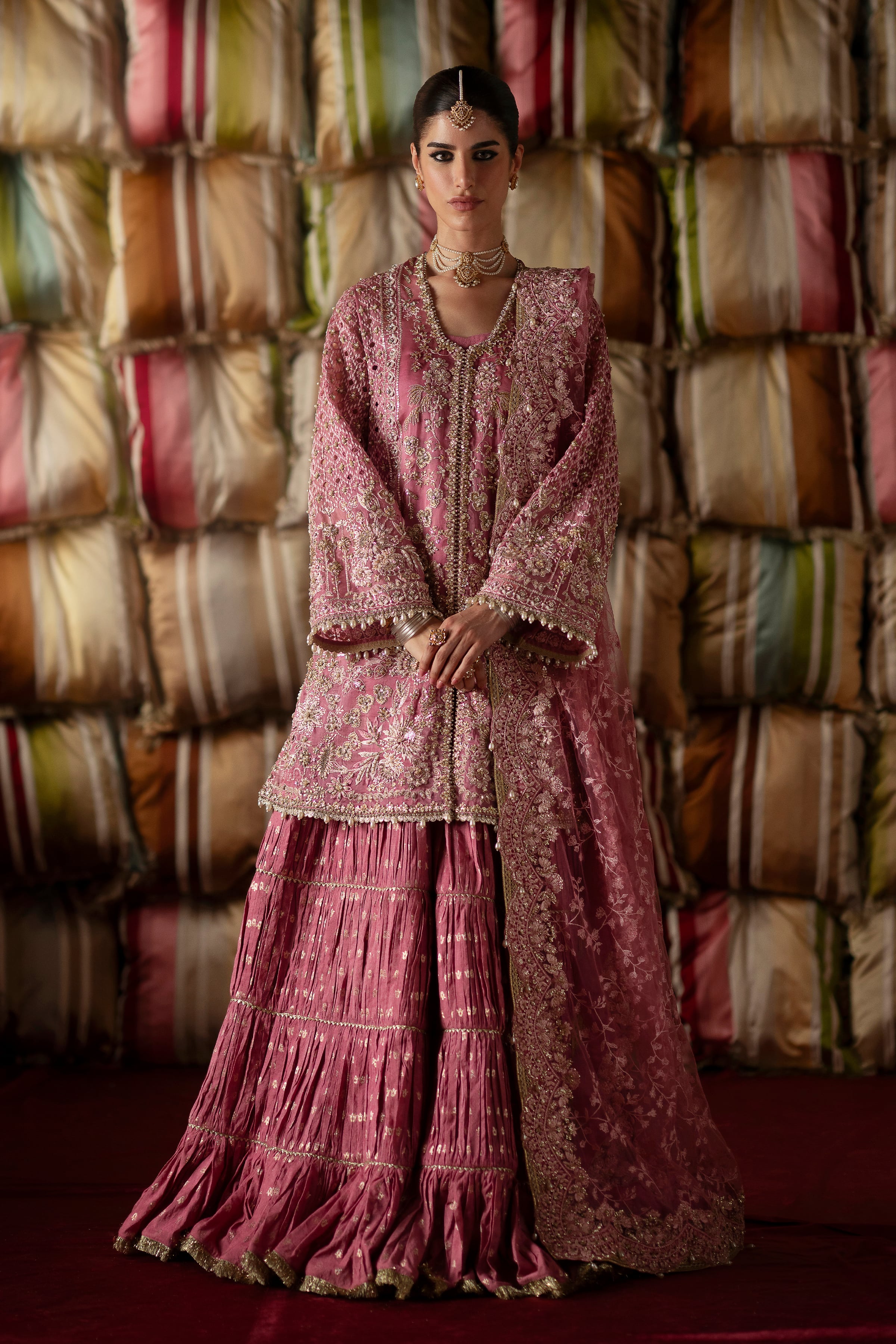 SELAH Dreamy Candy Pink Embroidered Short Shirt Gharara Suit