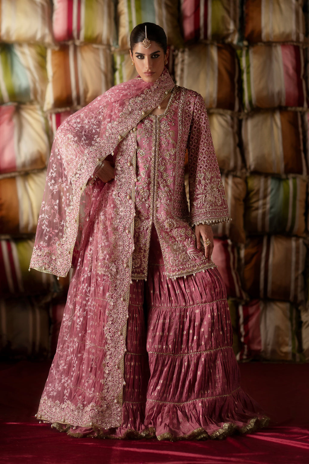 SELAH Dreamy Candy Pink Embroidered Short Shirt Gharara Suit