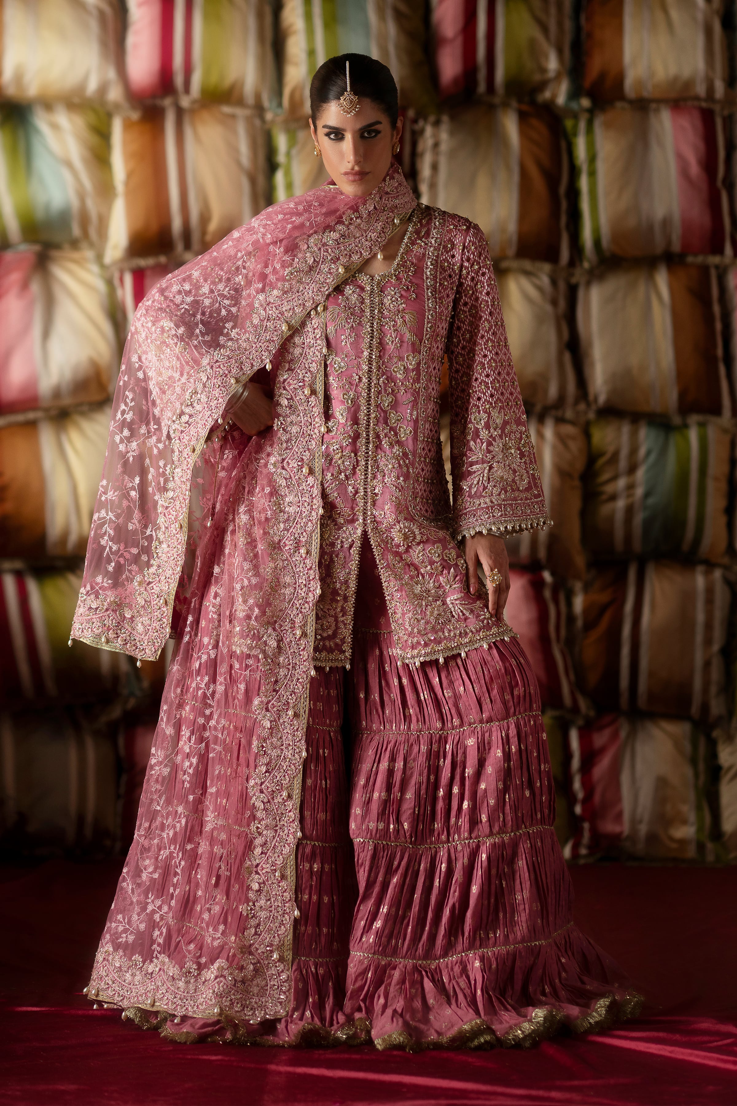 SELAH Dreamy Candy Pink Embroidered Short Shirt Gharara Suit