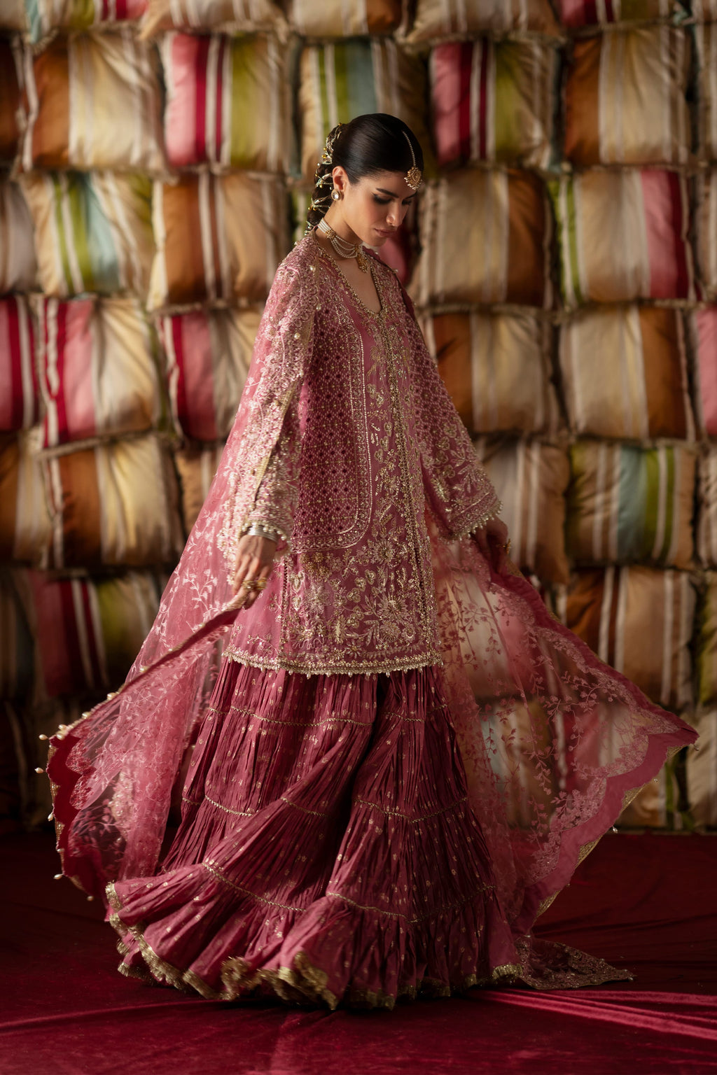 SELAH Dreamy Candy Pink Embroidered Short Shirt Gharara Suit