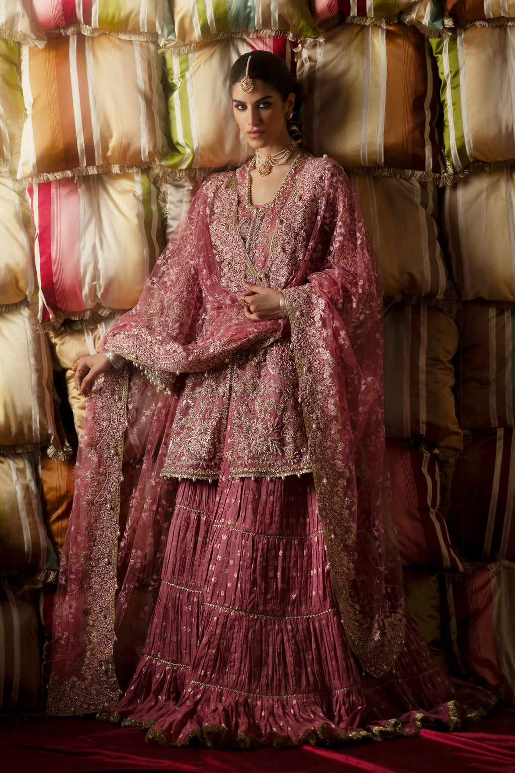 SELAH Dreamy Candy Pink Embroidered Short Shirt Gharara Suit
