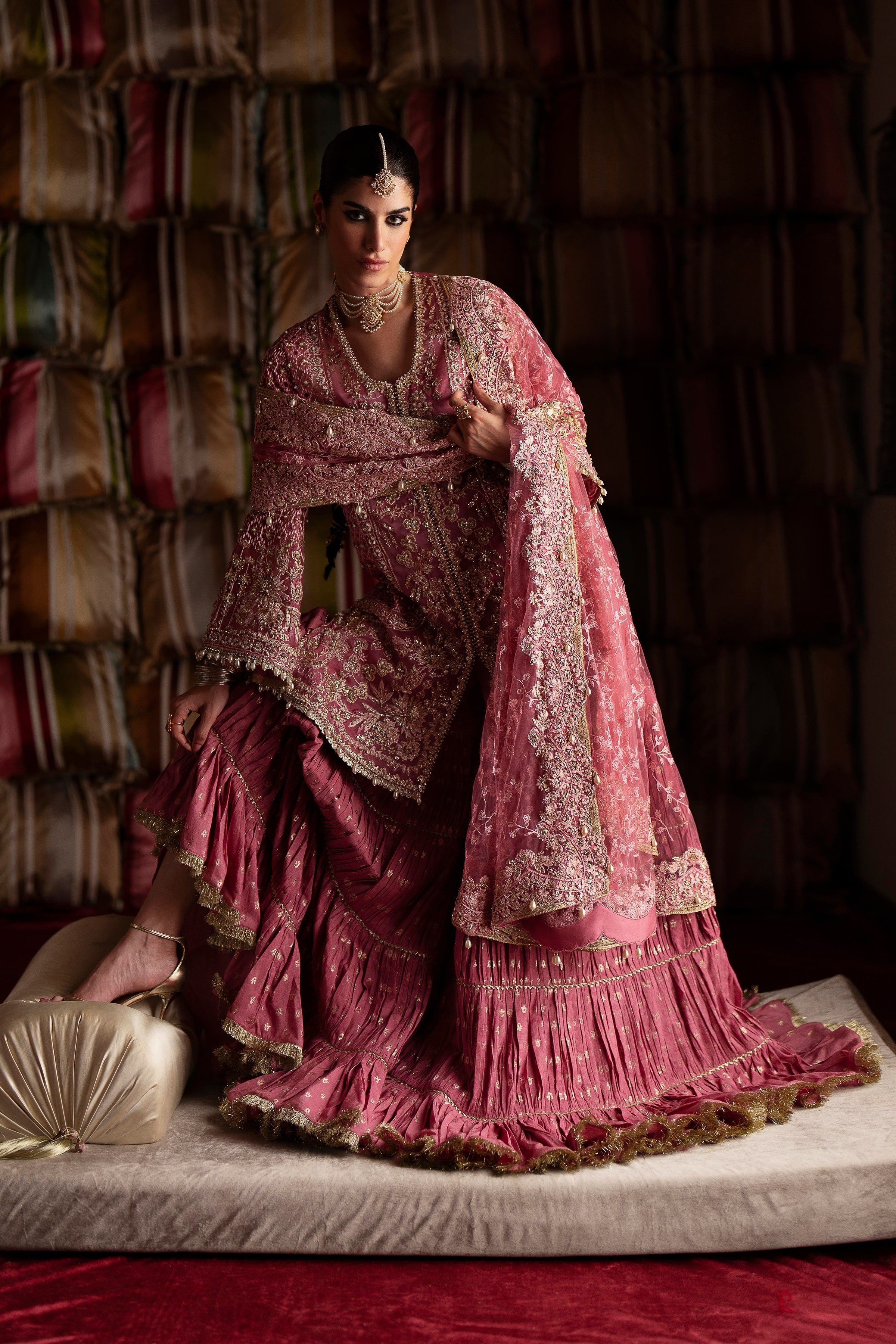 SELAH Dreamy Candy Pink Embroidered Short Shirt Gharara Suit